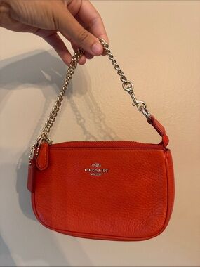 Coach Small Pebbled Leather Wristlet in Red with Gold Chain